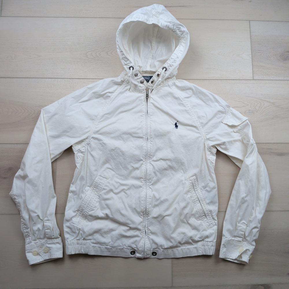 Vintage Polo Ralph Lauren White Hooded Windbreaker Jacket Mens S Talon Zipper